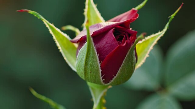 Close-up of a deep red rose gently unfolding