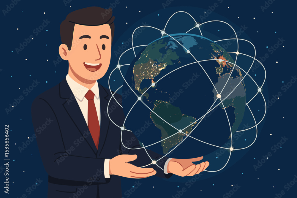 Poster global networking vision. businessman holding planet earth with interconnected lines. concept of int