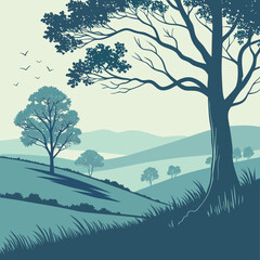  Serene Blue Hills and Trees Landscape Illustration