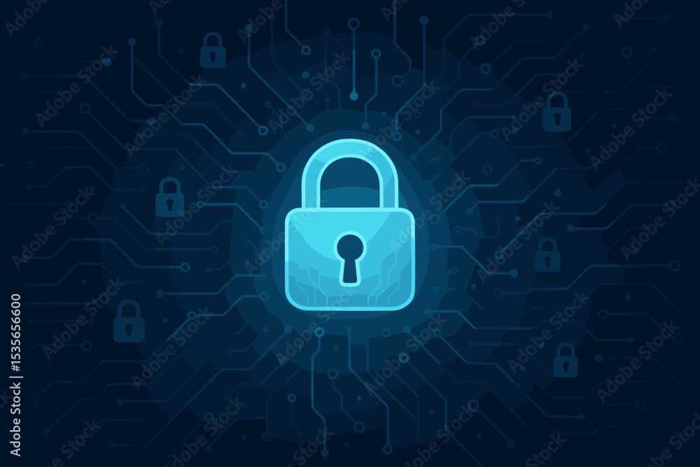Poster cyber security concept with padlock icon on circuit board background. data protection, network safet
