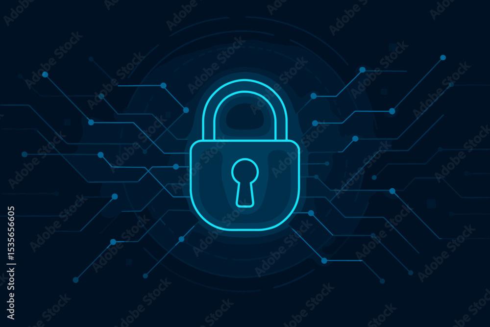 Poster cyber security concept with a glowing padlock icon on a digital network background. technology illus