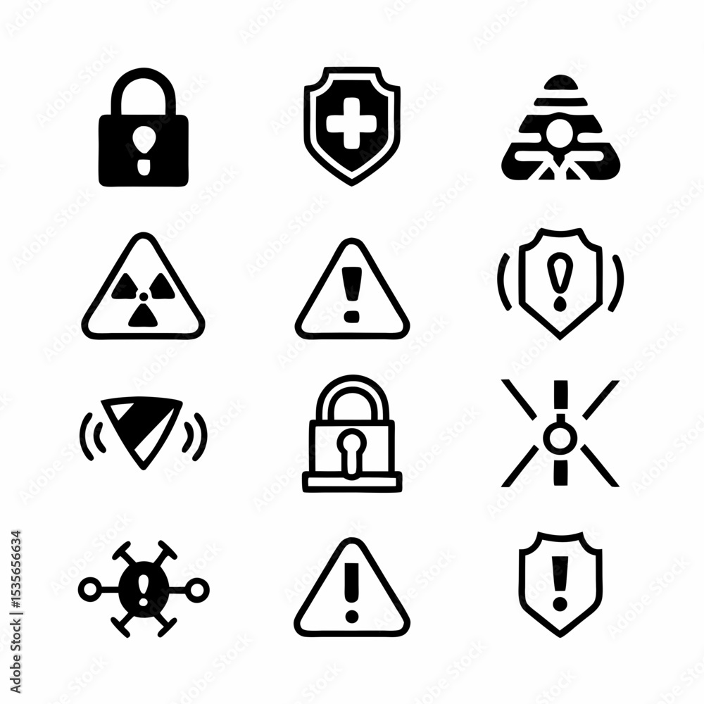 Poster design a set of striking icons warning of a data breach, incorporating elements of vulnerability and