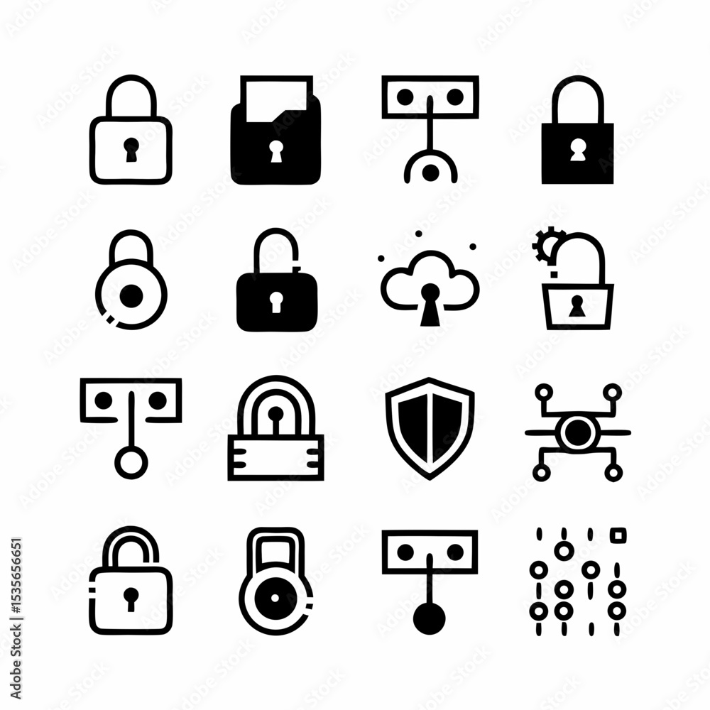 Poster illustrate diverse data encryption and security icons padlock, shield, key, firewall, code, encrypte