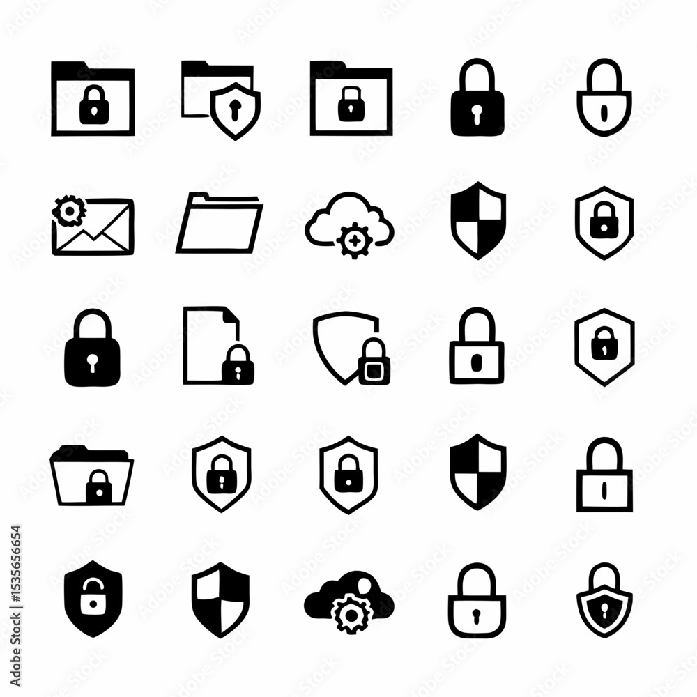 Poster design a set of modern, visually appealing icons representing various data encryption and security m