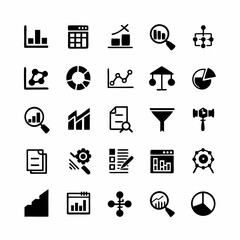 Design a comprehensive icon set representing key aspects of data analysis and reporting, including charts, graphs, dashboards, spreadsheets, and database symbols.