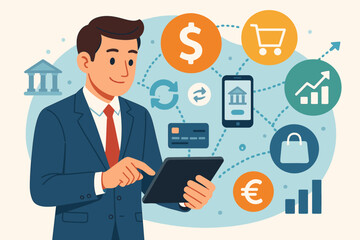 Digital finance concept. Businessman with tablet managing money, online banking and mobile payments. Fintech illustration with investment, e-commerce and currency exchange icons.
