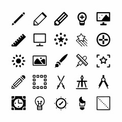 Create a vibrant icon set illustrating the design thinking process research, ideation, prototyping, testing, and iteration.  Include clean, modern, and easily scalable vector icons.
