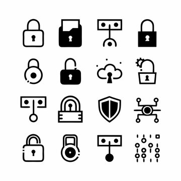 Illustrate diverse data encryption and security icons padlock, shield, key, firewall, code, encrypted data, secure server, user authentication, network security.