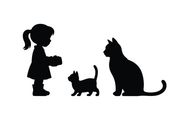 Silhouette of Girl Giving Food to Kittens and Cat