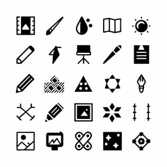 Create a vibrant icon pack featuring diverse drawing and sketching tools, including pencils, pens, brushes, palettes, and a sketchbook.  High-quality vector graphics are preferred.