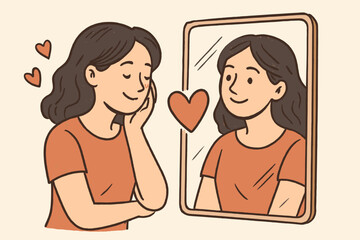 Self love and acceptance concept. Happy young woman looking at her reflection in the mirror. Self-care, positive mindset, high self-esteem. Mental health and psychology illustration.