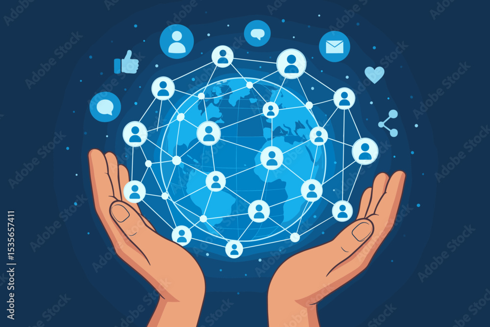 Poster global connection and social media network concept. hands holding earth globe with people icons link