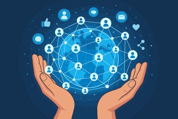 Global connection and social media network concept. Hands holding Earth globe with people icons linked in a communication web. Digital technology for worldwide community. Vector.