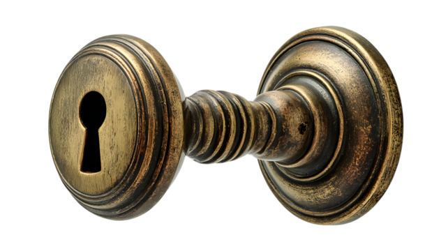 Antique door handle with keyhole detailed macro shot of aged brass hardware on isolated on white transparent background - Powered by Adobe