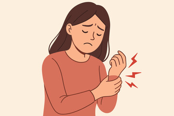 Woman suffering from wrist pain. Concept of carpal tunnel syndrome, arthritis, or sprain. Girl holding her hand, feeling ache and discomfort from inflammation. Health problem vector.