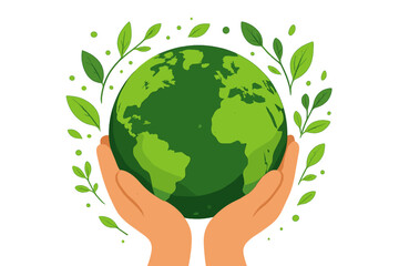 Hands holding green planet Earth. Concept of care, love, and environmental protection. Save our world. World Earth Day vector illustration. Ecology, sustainability, conservation.