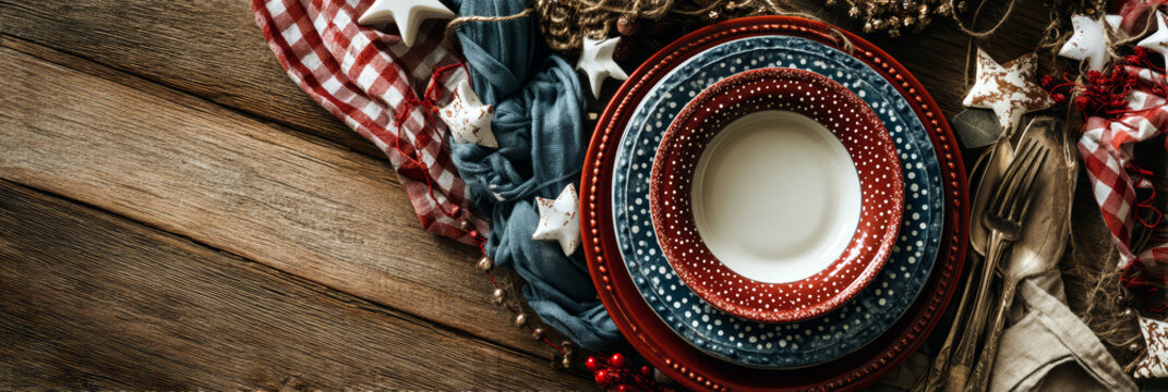 A rustic wooden table set with red and blue patterned plates, silver cutlery, and festive decorations. Ideal for holiday dining or gatherings. - Powered by Adobe