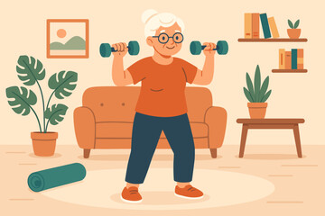 Active senior woman exercising with dumbbells at home. Elderly grandmother doing fitness workout in her living room for a healthy lifestyle. Concept of active aging and wellness.