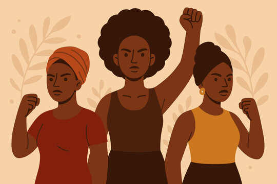 Empowered African women. Black female protest. Raised fist for freedom. Feminism concept. Women's rights, equality. Girl power, unity, solidarity. Vector for black history month.