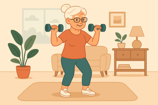 Active senior woman exercising with dumbbells at home. Elderly female character doing fitness workout. Healthy lifestyle and wellness concept for older people. Strength training.