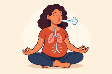 Pregnant woman doing breathing exercise in yoga pose. Prenatal meditation for relaxation and calm. Maternity wellness concept for childbirth preparation. Lungs diagram for deep breath.