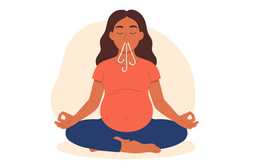 Pregnant woman doing breathing exercise and meditation in yoga lotus pose. Concept of mindfulness, relaxation, health and calm for expecting mother. Prenatal wellness vector.