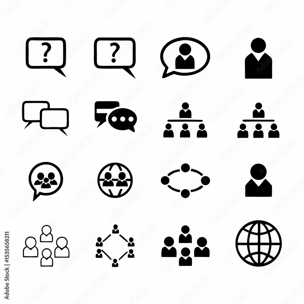 Aufkleber design a set of vibrant, modern icons representing various online group chat and forum functionaliti