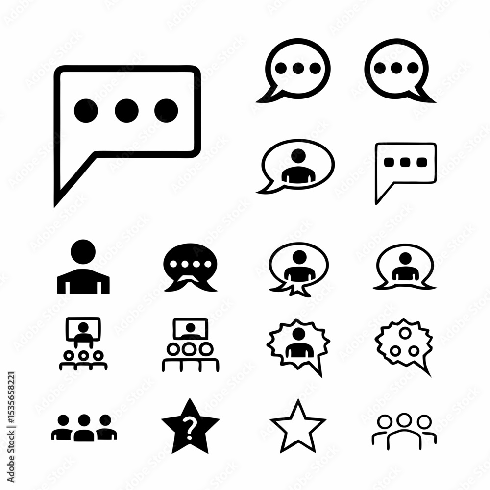 Aufkleber design a set of vibrant icons representing diverse online group chat and forum functionalities. incl