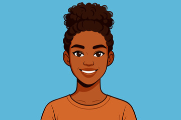 Beautiful smiling Black woman portrait. Young confident African American girl with curly hair bun hairstyle. Happy female character avatar face. Flat cartoon vector illustration.