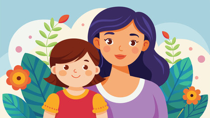 Cartoon Mother and Daughter Portrait Surrounded by Flowers and Leaves, Vector Illustration