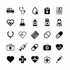 Create a set of high-quality vector icons depicting various aspects of hospital and healthcare services.  Include medical equipment, staff, and building elements.