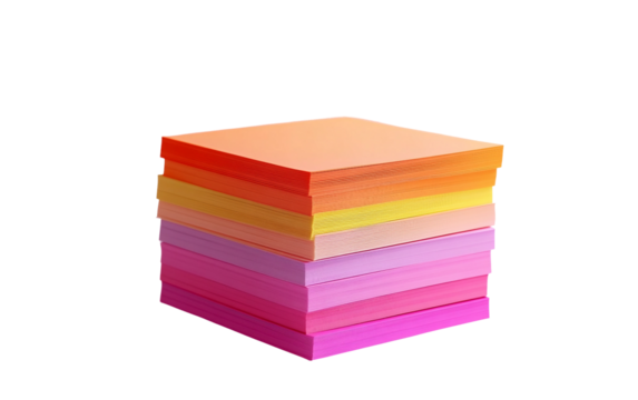Multiple sticky note pads in soft gradient hues stacked together for creative planning and organization isolated on transparent background PNG