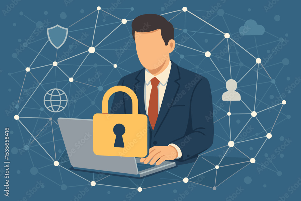 Poster cyber security concept with businessman working on a laptop. data protection technology with padlock