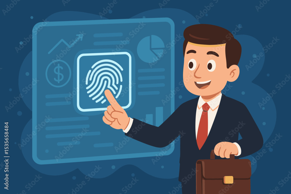 Poster biometric security innovation. businessman using fingerprint scanner on a futuristic financial dashb