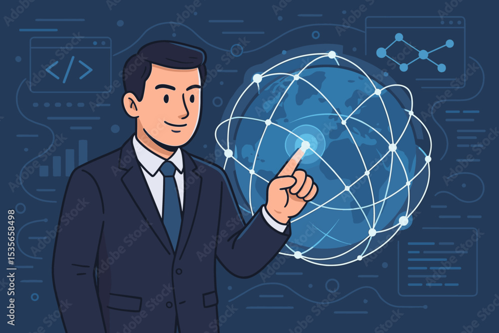 Poster businessman touching futuristic interface with glowing globe and network connection. concept of glob