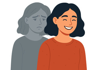 Bipolar disorder concept. Woman with happy and sad emotions. Mental health metaphor for mood swings, depression, and duality. Psychology illustration of a split personality.