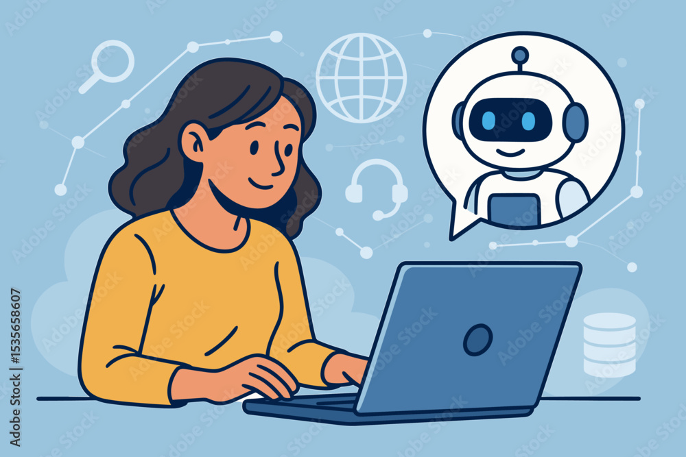 Poster woman using laptop computer to chat with an ai chatbot assistant. concept for online customer servic