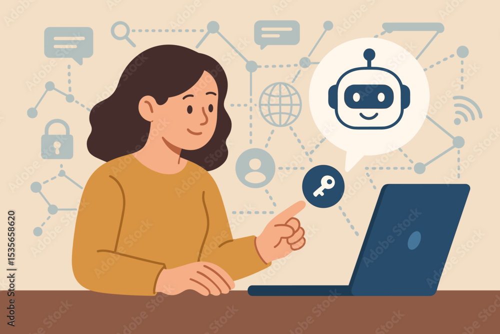Poster woman at laptop interacting with ai chatbot for customer service and support. digital virtual assist