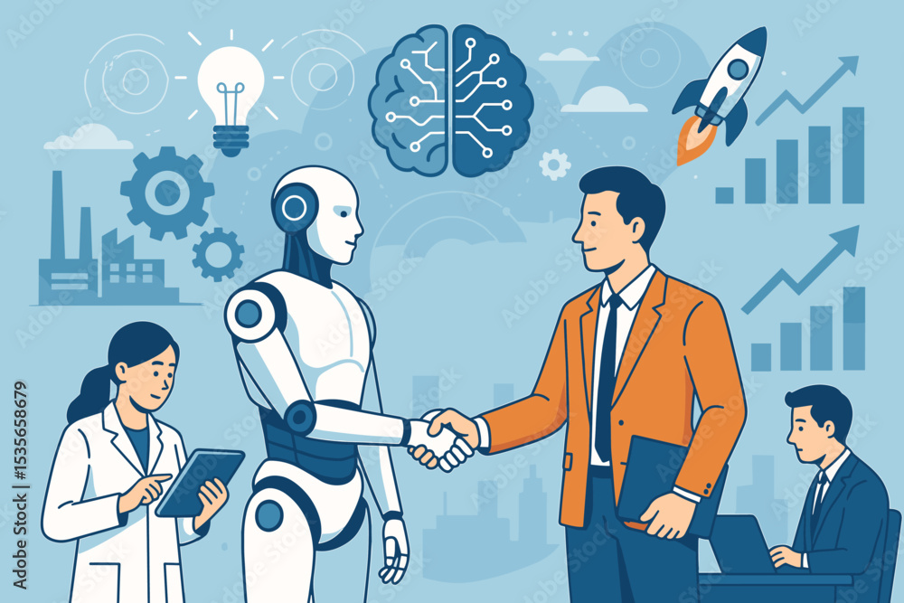 Poster futuristic ai integration concept. businessman shaking hands with a robot. human and artificial inte