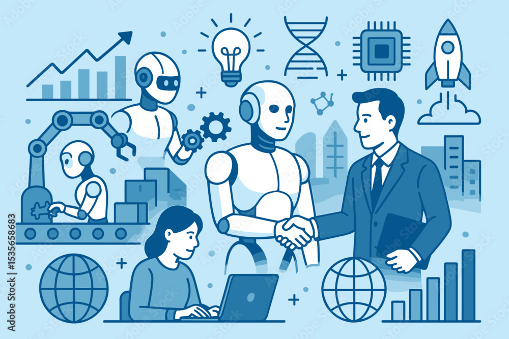 Poster artificial intelligence and business collaboration concept. humanoid robot shaking hands with a busi