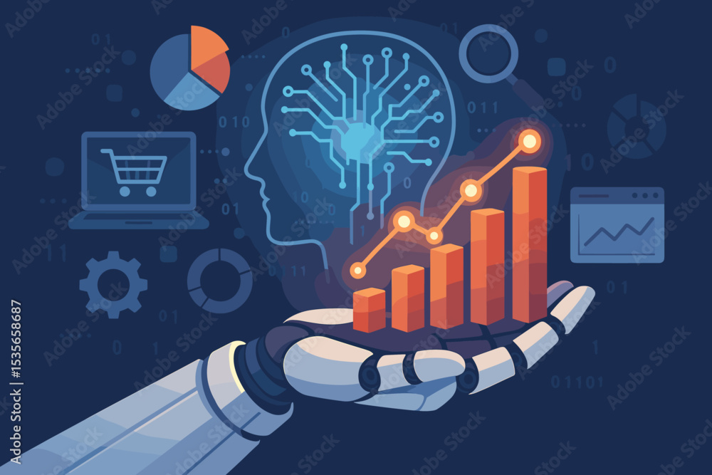 Poster ai in business. robot hand with growth chart. artificial intelligence for marketing innovation. data