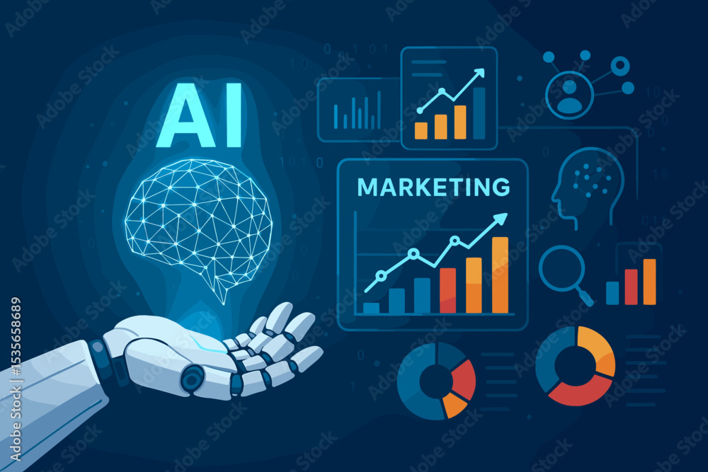 Poster ai marketing concept with robot hand holding glowing brain. artificial intelligence for business gro