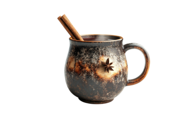 A steaming mug of mulled wine served in a rustic glass cup garnished with warm spices for a cozy seasonal drink isolated on transparent background PNG