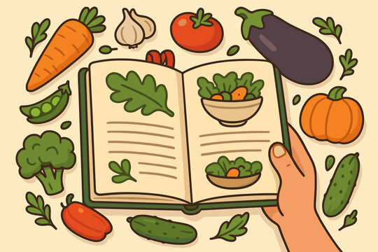 Open recipe book for vegetarian or vegan cooking. Hand holding a cookbook surrounded by fresh raw vegetables. Concept for healthy eating, nutrition, diet, and plant-based lifestyle.