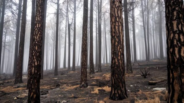 Dense forest with tall, bare trees after a fire and fog, with burnt foliage and gray sky for a dramatic landscape background