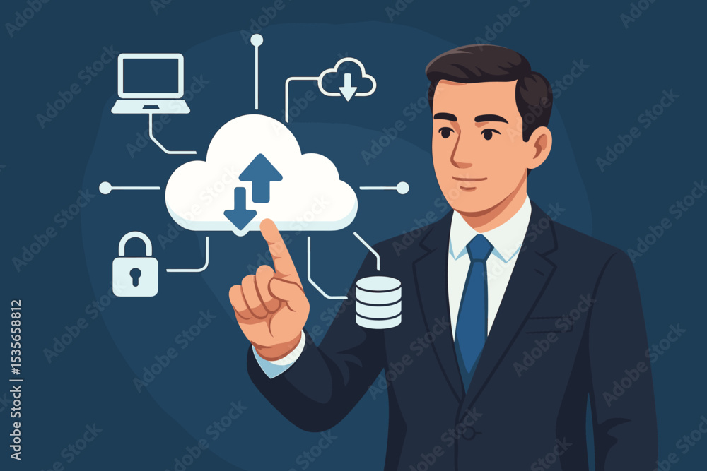 Poster businessman interacting with cloud computing interface. it specialist managing data network, storage