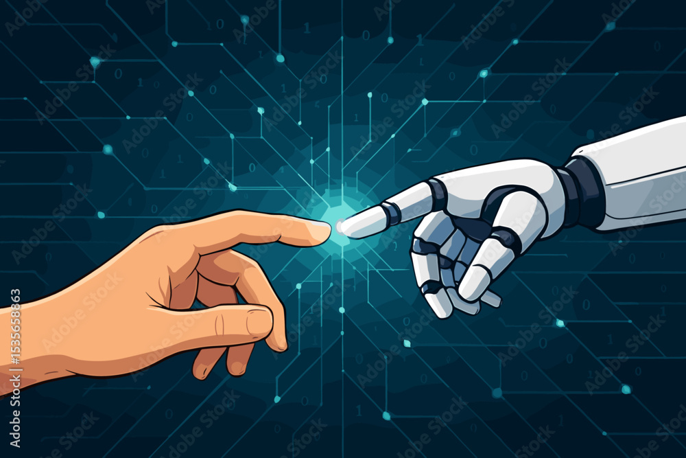 Poster human and robot hands connection. artificial intelligence, technology, innovation concept. synergy b