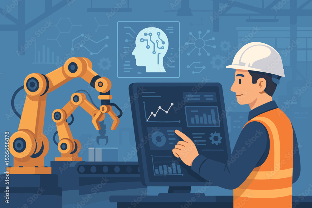 Poster industry 4.0 smart factory concept. engineer character controls robotic arm on conveyor belt via dat