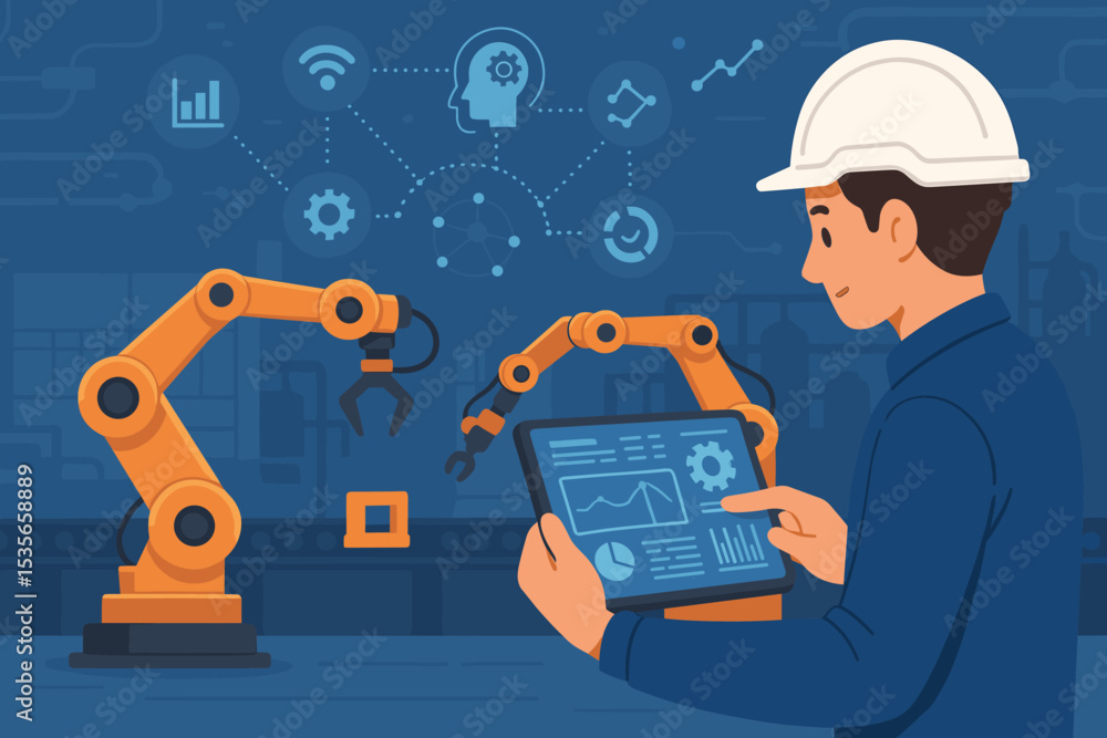 Poster smart factory engineer uses tablet to control robotic arms. industry 4.0 concept with automation, ai