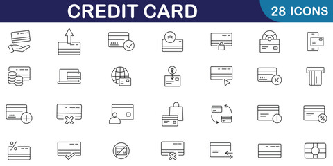 Credit card line icon set. Included icons as ATM, payment, credit card, accepted, secure, money, wallet, transaction and more symbol. Set of 28 line icons related to credit card. Vector illustration.